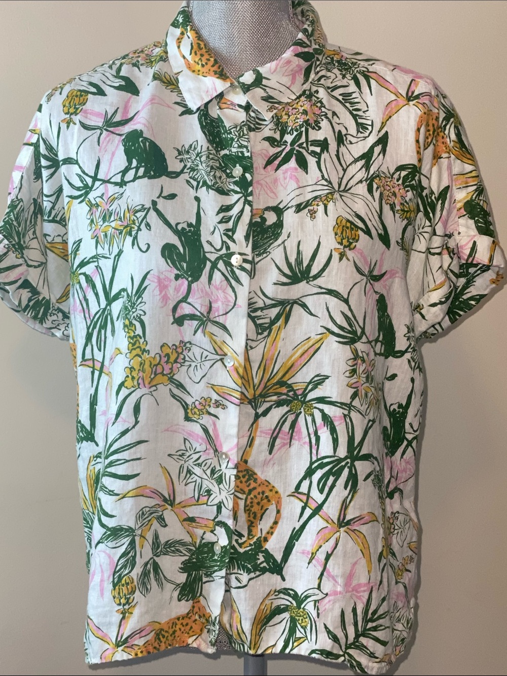 Rachel Zoe White Button-Down Shirt with Green, Pink & Yellow Tropical Print
